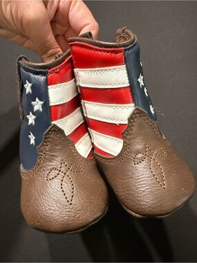 Rising Star Kids Brown Leather Cowboy Boots with Red, White & Blue Shaft